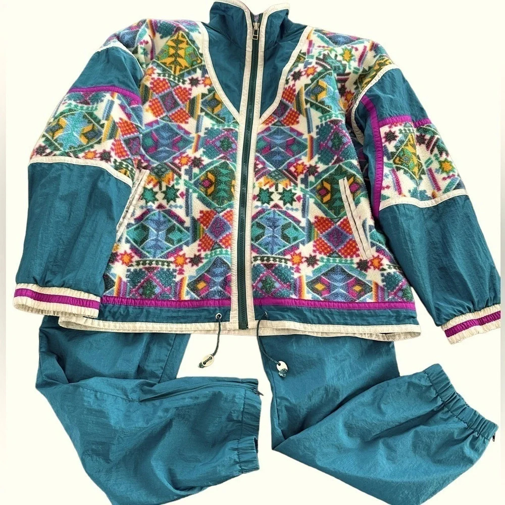 Vintage East West Womens Medium 2 Pc‎ Windbreaker Suit Teal Fleece Southwest 90s